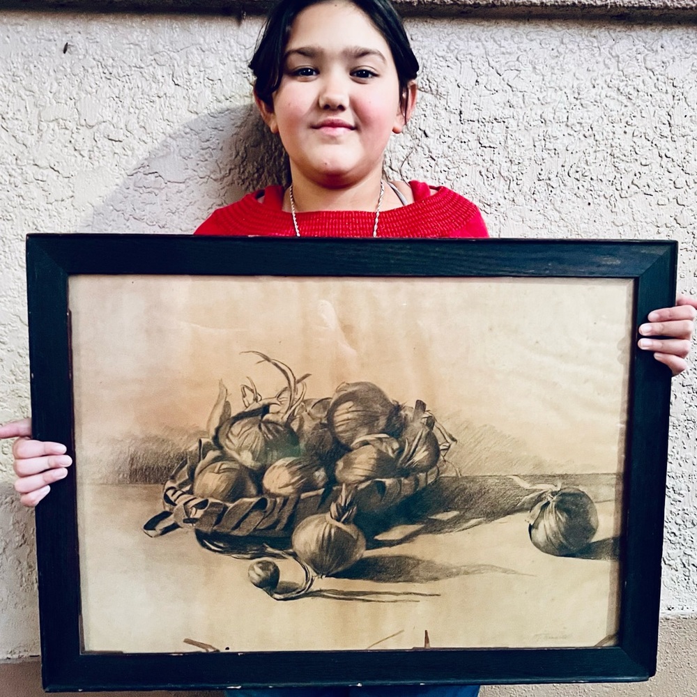 Antique Original Charcoal Still Life Onions in Basket, M. Rudisell, Art Framed